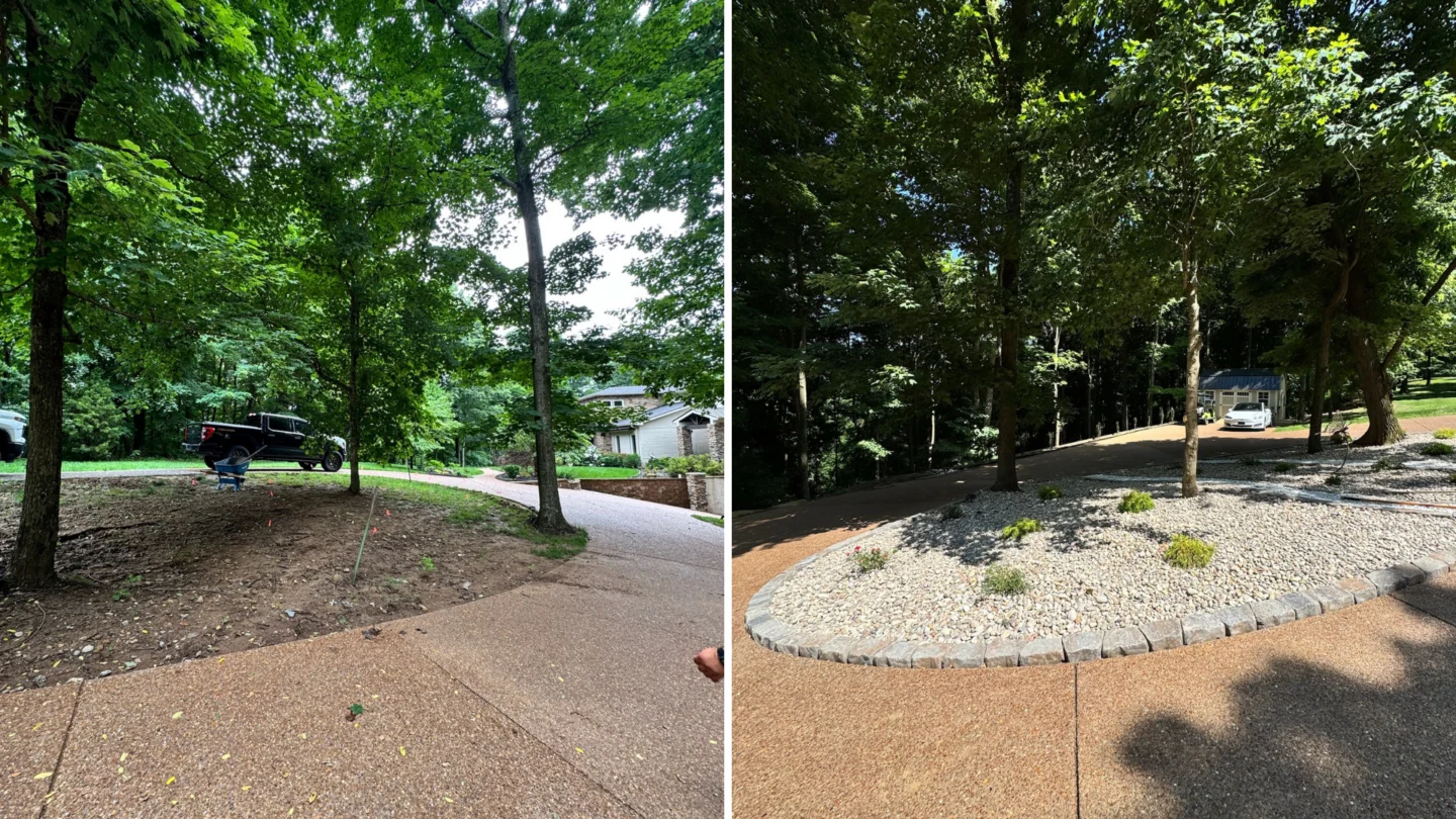 Driveway hardscape extension with surrounding landscape design
