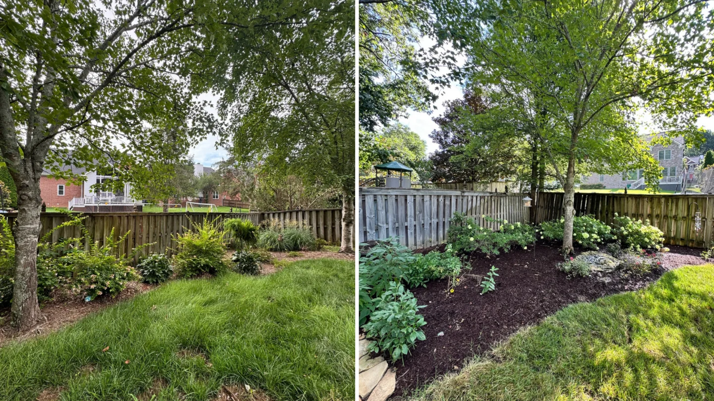 Mulch bed and fence line landscaping with stone hardscape edge