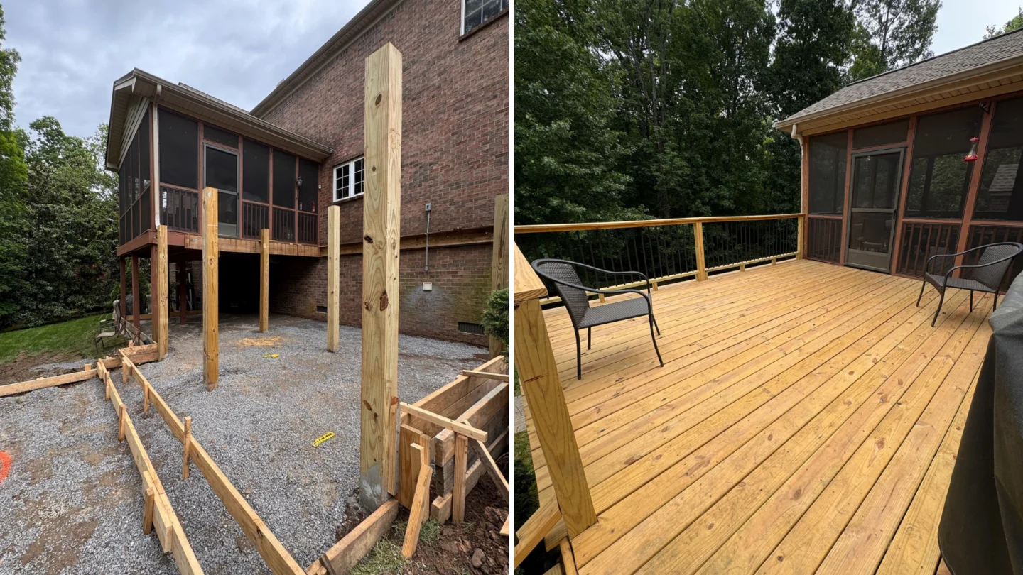 Wood deck construction with backyard landscaping and hardscaping pathway