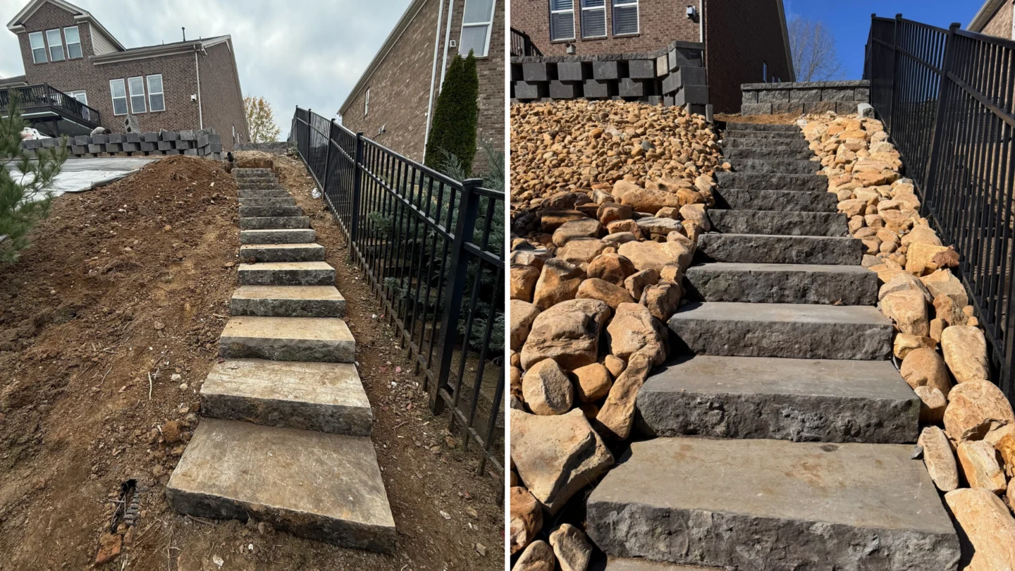 Patio hardscaping project with circular stone design and modern landscaping