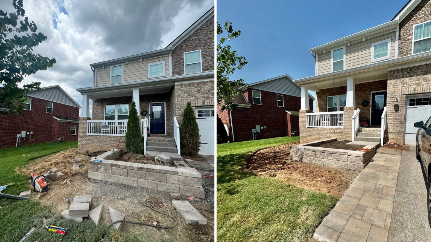 Front yard hardscaping with stone pathway and improved landscape design