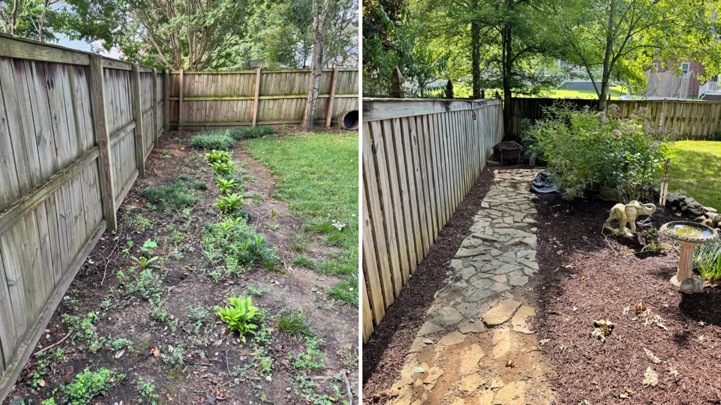 Landscape renovation showing backyard cleanup and new fencing installation