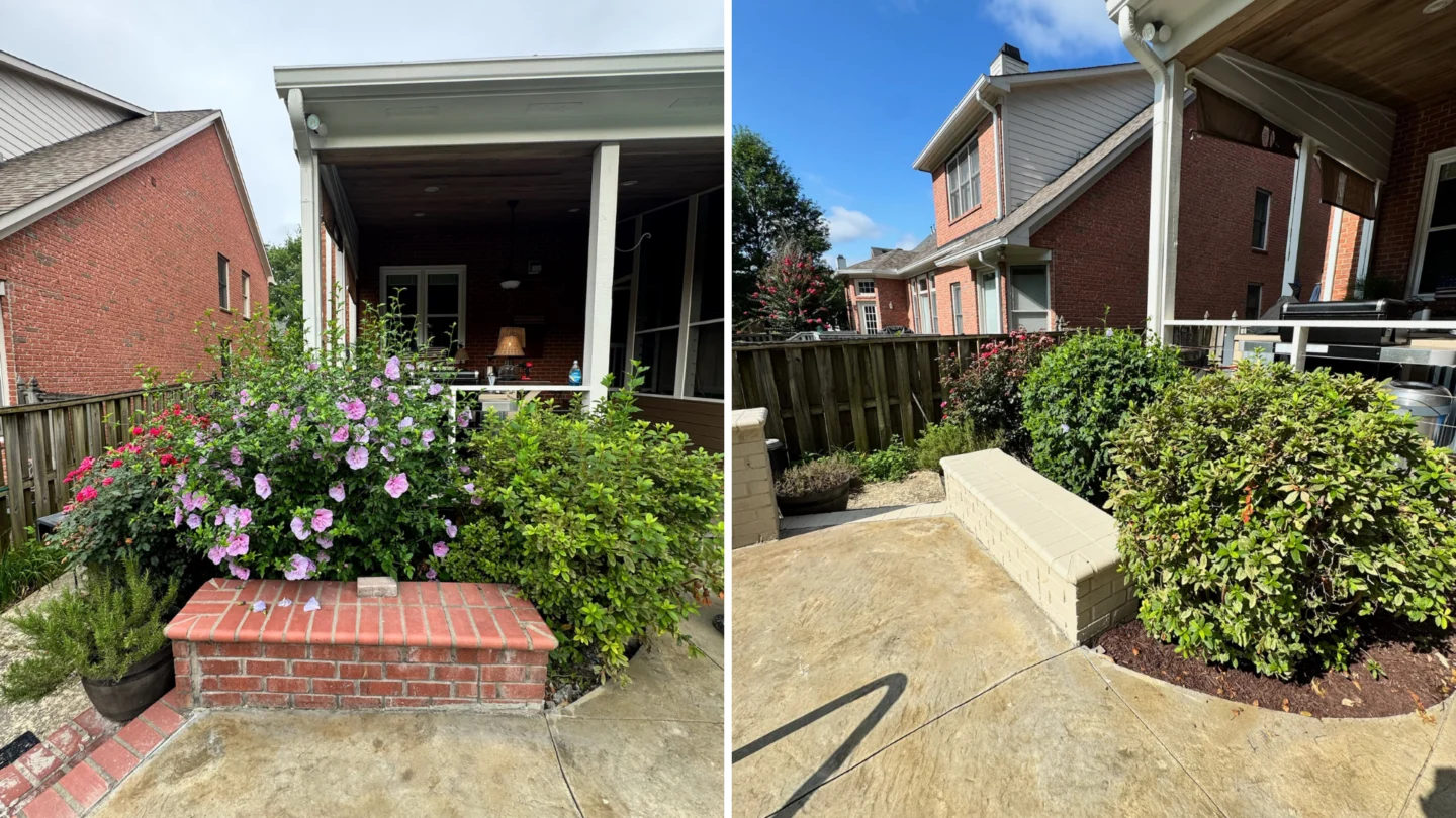 Backyard landscaping before and after with patio hardscaping and flower bed upgrade
