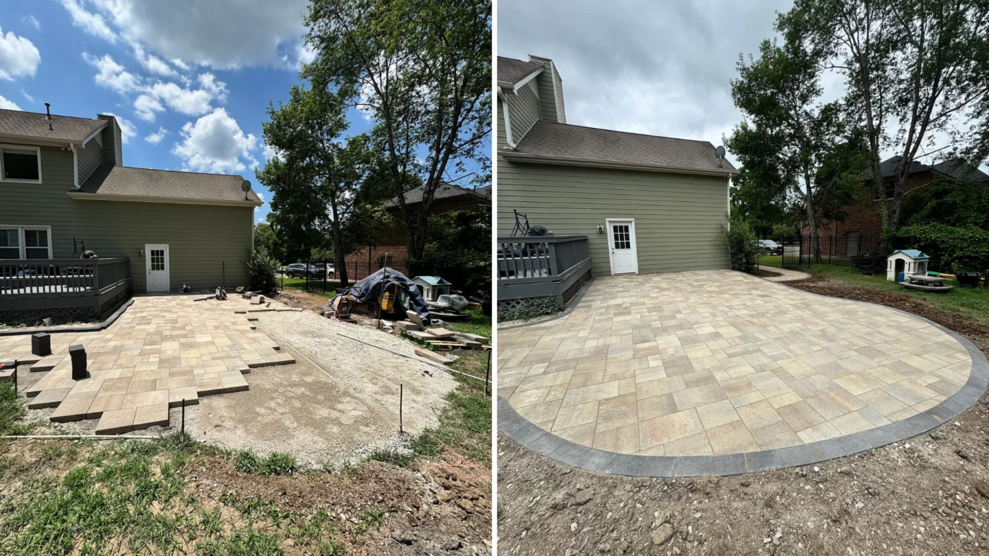 Circular stone hardscape patio installation with landscaping improvements