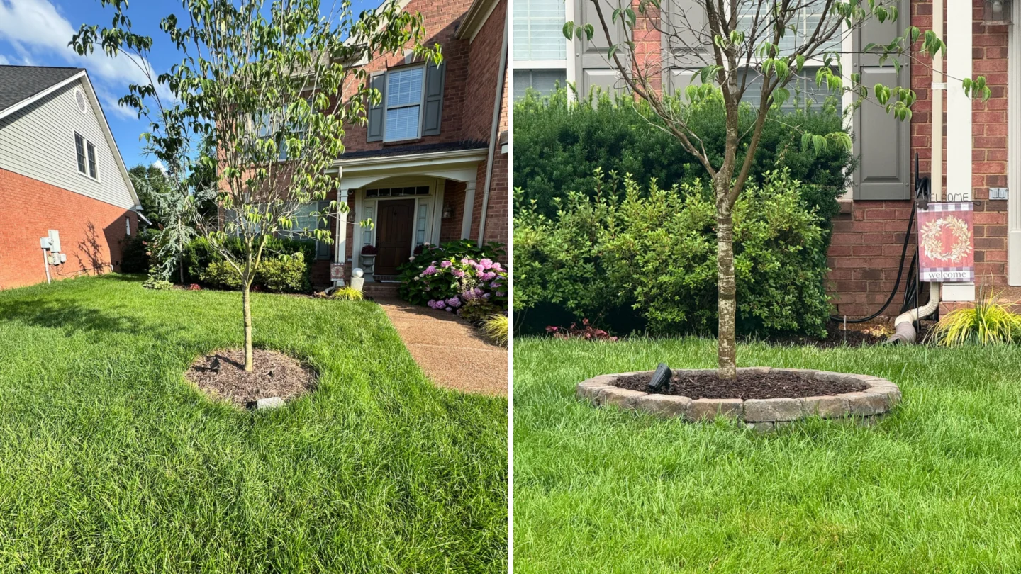 New lawn and backyard landscape installation with hardscaping accents
