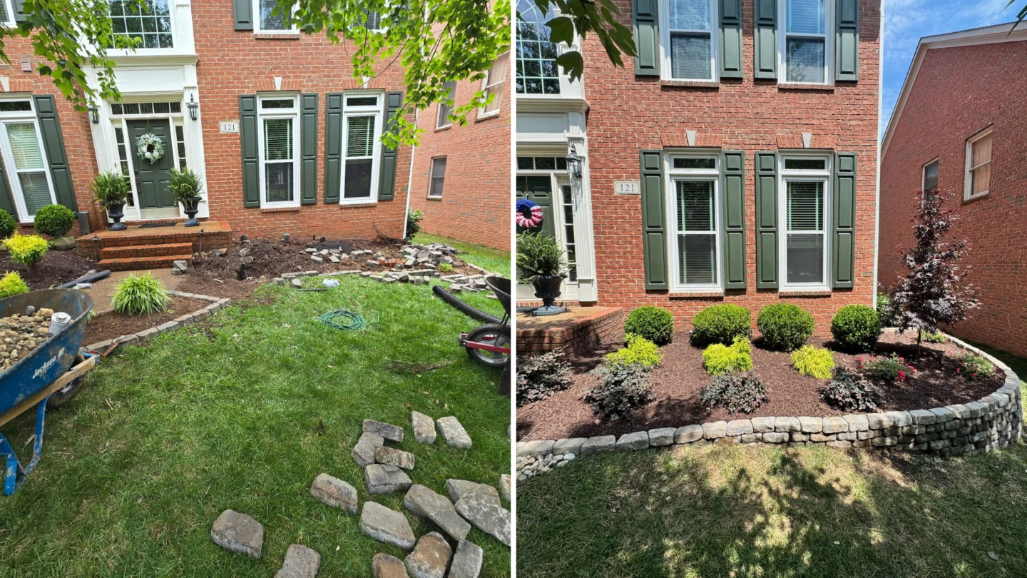 Front yard landscaping transformation in Franklin, TN with new retaining wall, mulch beds, and decorative plants by Pineda Properties.