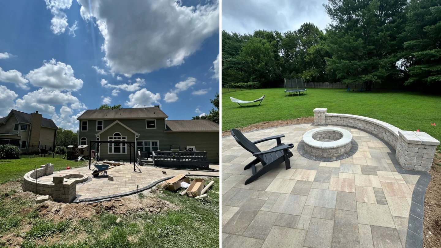 Front yard landscape redesign with shrubs, mulch, and hardscaping border