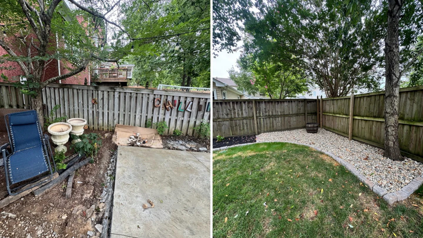 Concrete patio repair with new landscaping and hardscaping details
