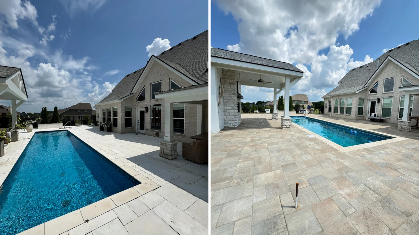 Backyard patio and hardscaping with modern poolside landscape design