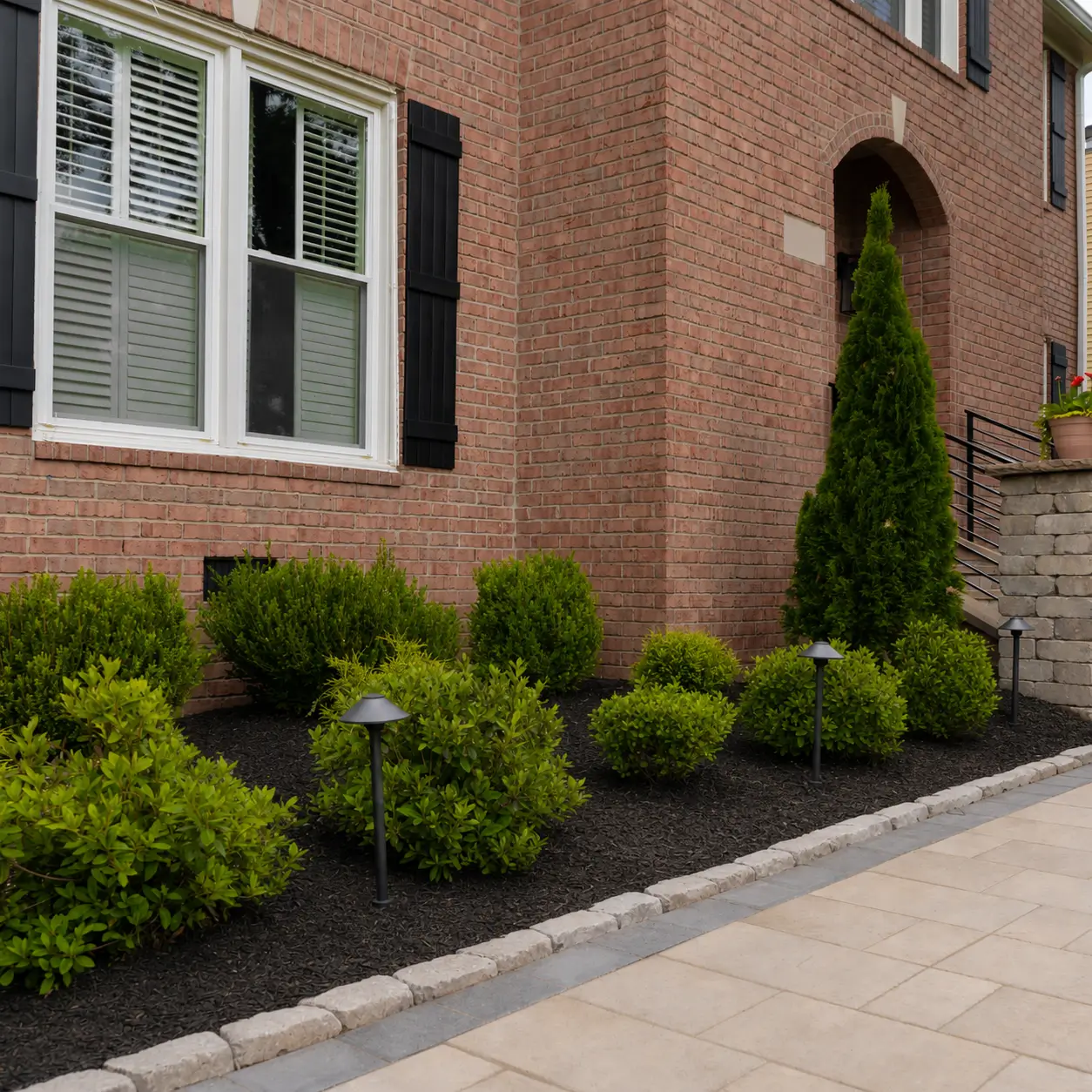 Landscape, hardscape, and home renovation project in Franklin, TN with a brick home, landscaped garden beds, pathway lighting, and a paver walkway.