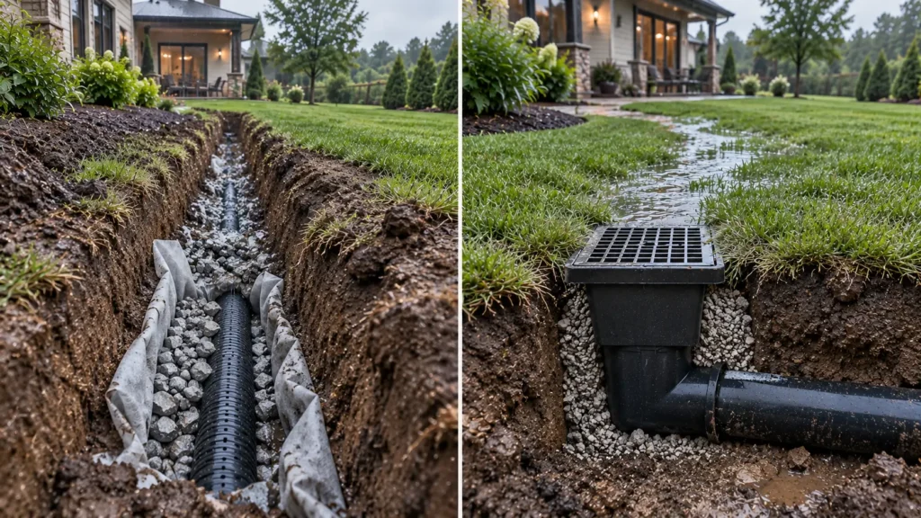 Side-by-side comparison of a gravel French drain and surface catch basin for yard drainage
